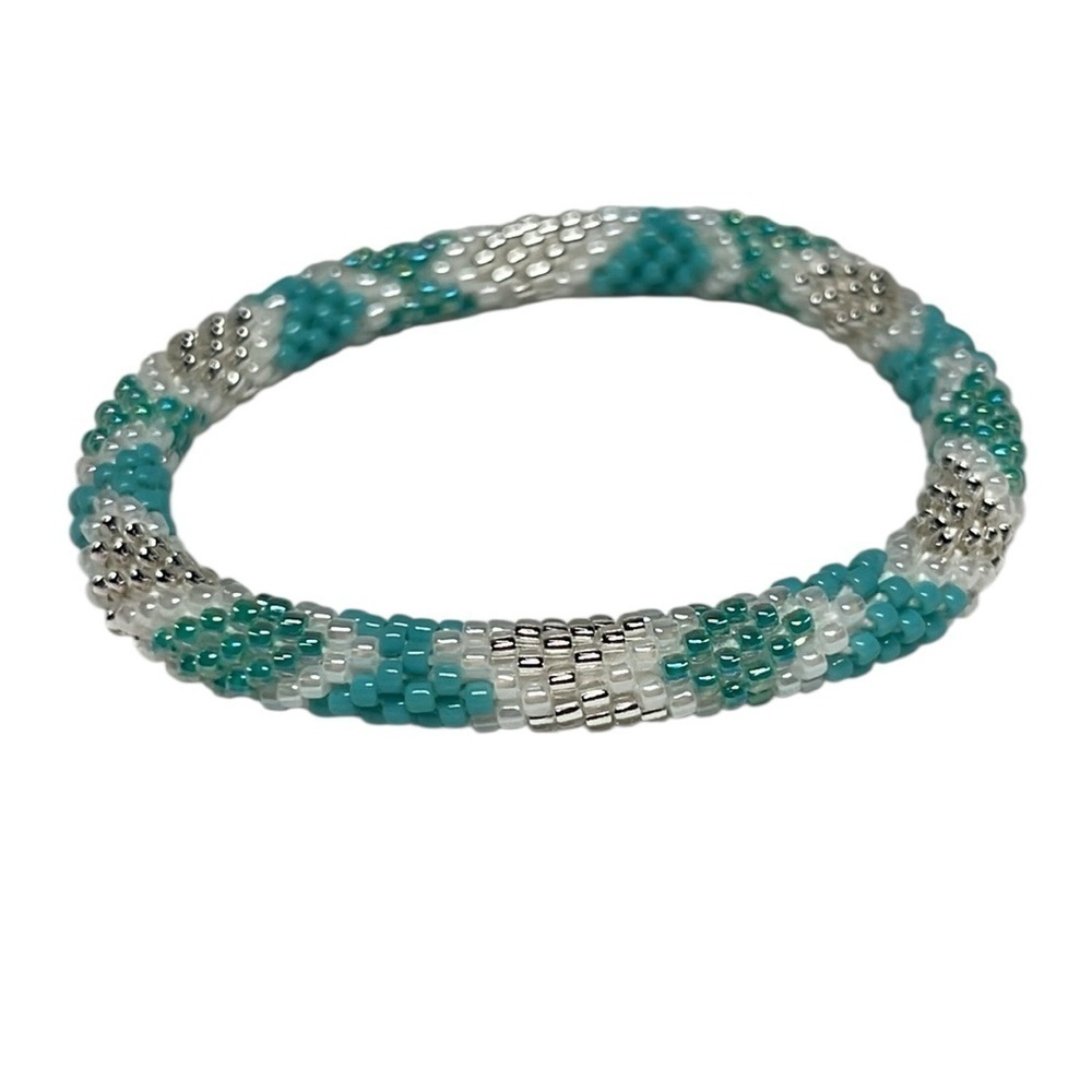 Handmade Sashka Glass Beaded Bracelet in Turquoise and Silver| Boho| Gift